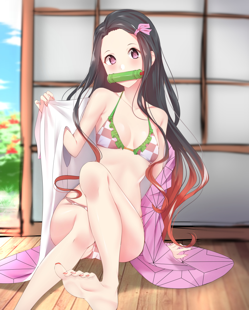 1girl, absurdres, arm_support, barefoot, bikini, black_hair, blush, breasts, checkered_bikini, checkered_clothes, cleavage, collarbone, female_focus, fingernails, frilled_bikini, frills, gradient_hair, hair_ribbon, highres, kamado_nezuko, kimetsu_no_yaiba, long_hair, looking_at_viewer, multicolored_hair, nail_polish, okamired, pink_bikini, pink_eyes, pink_ribbon, red_hair, red_nails, ribbon, sharp_fingernails, sitting, small_breasts, soles, solo, swimsuit, toenail_polish, toenails, very_long_hair