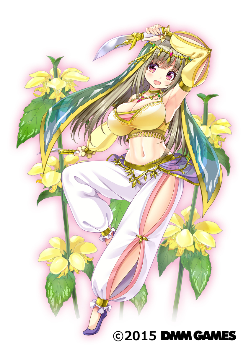 1girl, :d, arabian_clothes, breasts, brown_hair, copyright_name, costume_request, dancer, dancing, dmm, female_focus, flower_knight_girl, full_body, high_heels, highres, holding, holding_knife, knife, lamium_(flower_knight_girl), large_breasts, long_hair, looking_at_viewer, name_connection, navel, object_namesake, official_art, open_mouth, red_eyes, shuz_(dodidu), smile, solo, standing, standing_on_one_leg, translucent, white_background