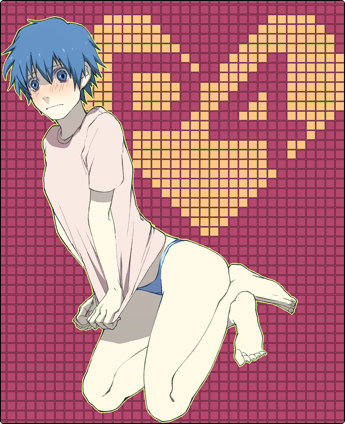1girl, androgynous, atlus, bad_id, bad_pixiv_id, barefoot, blue_hair, blush, feet, female_focus, natsume_(rosewhip), persona, persona_4, reverse_trap, rosewhip, shirogane_naoto, short_hair, solo