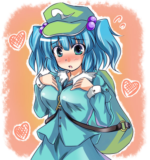 1girl, backpack, bag, between_breasts, blue_eyes, blue_hair, blush, breasts