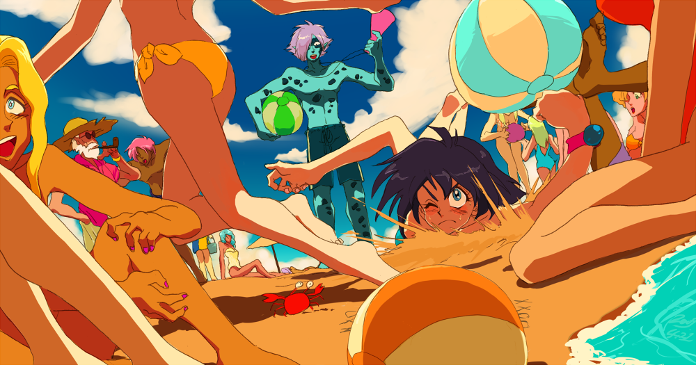 3boys, 6+girls, amelia_wil_tesla_seyruun, bad_id, bad_pixiv_id, ball, beach, beachball