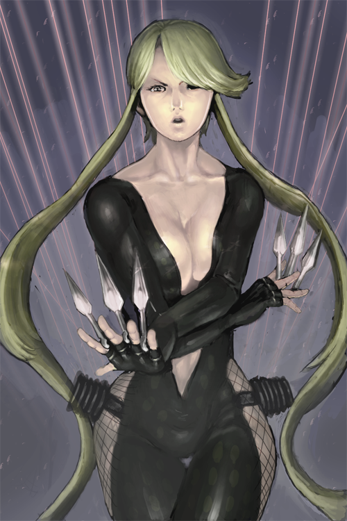 00s, 1girl, akai_umeboshi, bad_id, bad_pixiv_id, bare_hips, blonde_hair, breasts, center_opening, cleavage, collarbone, female_focus, fishnets, hair_over_one_eye, hip_focus, kasuga_(sengoku_basara), kunai, large_breasts, long_hair, ninja, sengoku_basara, solo, thigh_gap, thighs, twintails, very_long_hair, weapon, wide_hips