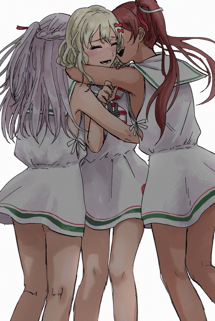 3girls, anchor, blonde_hair, blush, braid, brown_hair, closed_eyes, dark-skinned_female