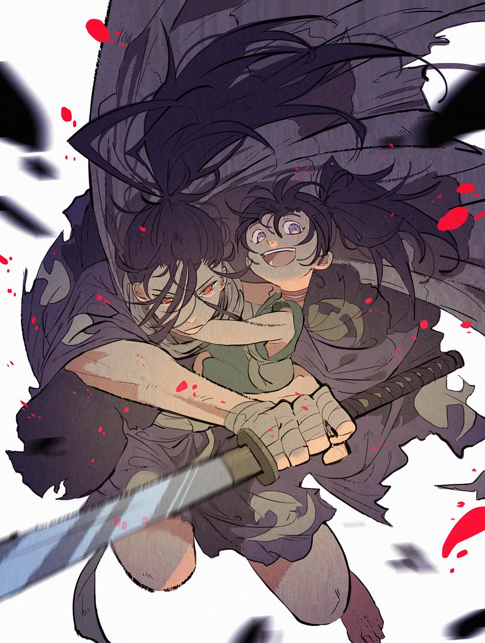 1boy, 1girl, androgynous, barefoot, black_hair, cape, cloak, dororo_(character)