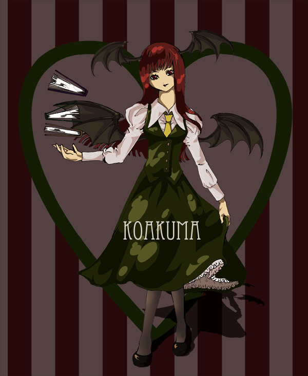 1girl, bad_id, bad_pixiv_id, bat_wings, book, female_focus, head_wings, koakuma