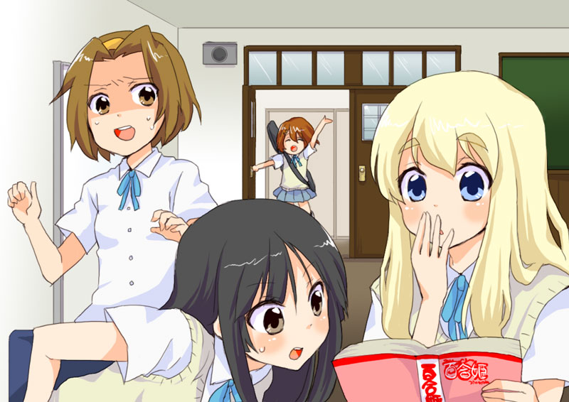 00s, 4girls, akiyama_mio, blush, book, hirasawa_yui, ho-kago_tea_time, k-on!
