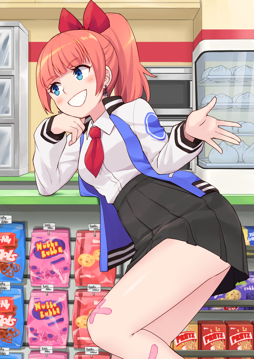 1girl, bandaid, bandaid_on_leg, steamed_bun, black_skirt, blue_eyes, blue_jacket, blunt_bangs, blush, bow, brown_hair, collared_shirt, commentary_request, cosmetics, crossed_bandaids, dress_shirt, earrings, female_focus, food, grin, hair_bow, high_ponytail, highres, indoors, jacket, jewelry, kunio-kun_series, kyoko_(kunio-kun), long_sleeves, looking_away, necktie, open_clothes, open_jacket, pleated_skirt, ponytail, red_bow, red_necktie, river_city_girls, shirt, shop, short_necktie, skirt, smile, solo, tsunaso_(lack_of_sunlight), white_shirt