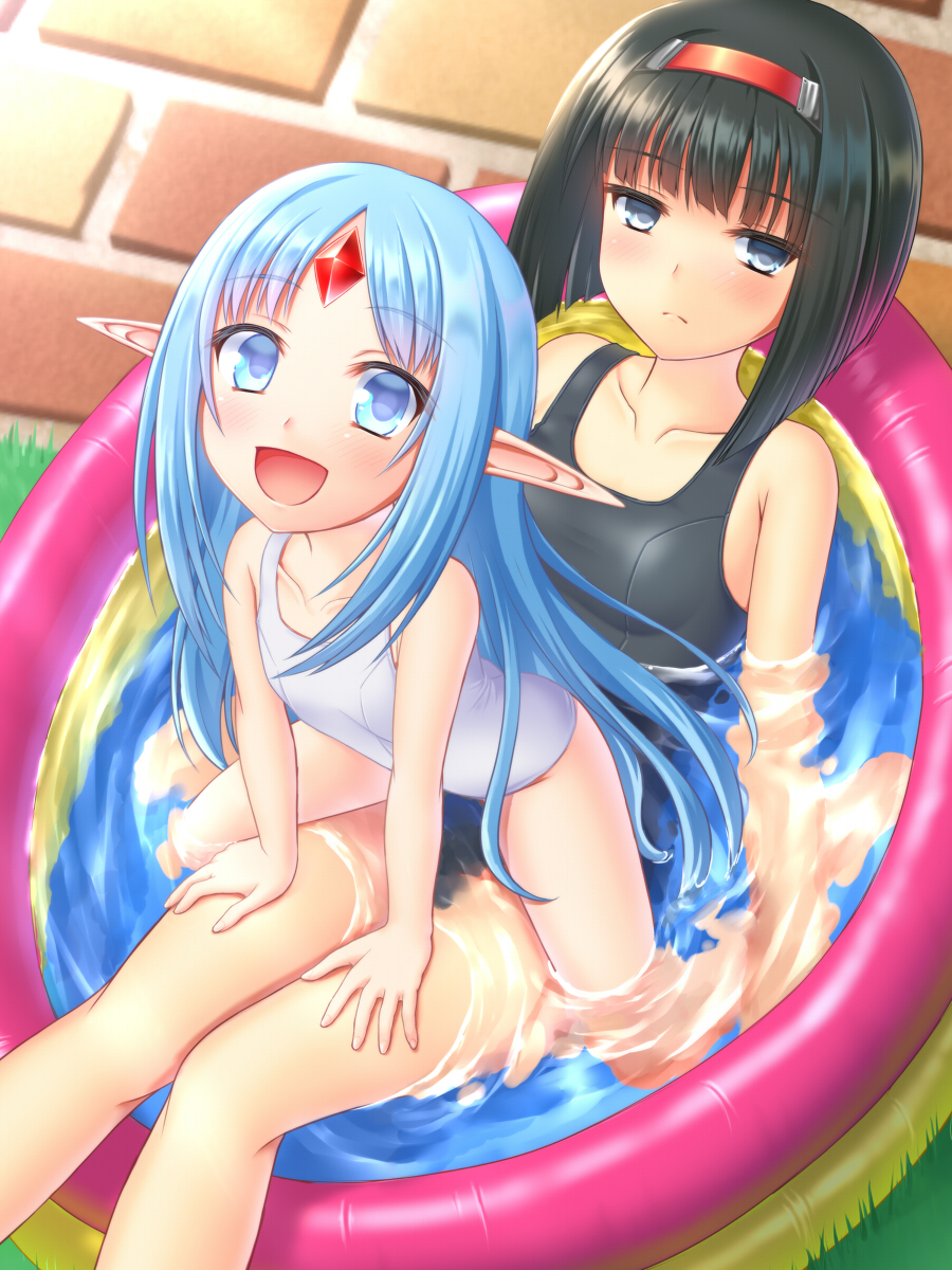 2girls, black_hair, blue_eyes, blue_hair, collarbone, commentary_request, expressionless, forehead_jewel, from_above, hairband, hands_on_another's_thighs, highres, kalar_(race), legs, long_hair, looking_up, lying, multiple_girls, on_back, one-piece_swimsuit, open_mouth, partially_submerged, pointy_ears, rance_(series), reset_kalar, school_swimsuit, short_hair, sitting, sitting_on_person, smile, swimsuit, thighs, very_long_hair, wading_pool, water, wet, white_one-piece_swimsuit, white_school_swimsuit, yukishiba_yanagi, yuzuhara_yuzumi