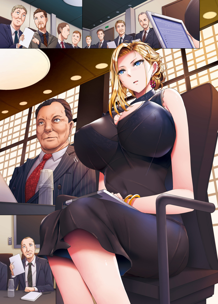 1girl, absurdres, bare_shoulders, black_dress, blonde_hair, blue_eyes, boss, bottle, bracelet, braid, braided_bun, breasts, brown_eyes, brown_hair, chair, commentary_request, covered_navel, dress, earrings, formal_clothes, grey_eyes, hair_bun, hair_up, highres, indoors, jewelry, large_breasts, looking_at_another, meeting, multiple_boys, necktie, office, office_lady, old, old_man, open_mouth, orico, original, paper, parted_lips, piercing, pinstripe_pattern, pinstripe_suit, red_neckwear, see-through_clothes, short_hair, single_sidelock, sitting, striped, stylus, suit, sweat, sweatdrop, table, updo, water_bottle, window