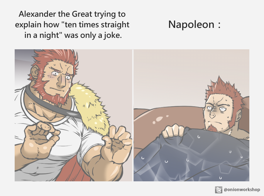 2boys, abs, bara, beard, blue_eyes, blush, brown_hair, english_text, facial_hair, fate/grand_order, fate_(series), iskandar_(fate), large_pectorals, long_sideburns, male_focus, me_explaining_to_my_mom_(meme), meme, multiple_boys, muscular, napoleon_bonaparte_(fate), onionworkshop, pectorals, red_eyes, red_hair, shirt, sideburns, simple_background, t-shirt