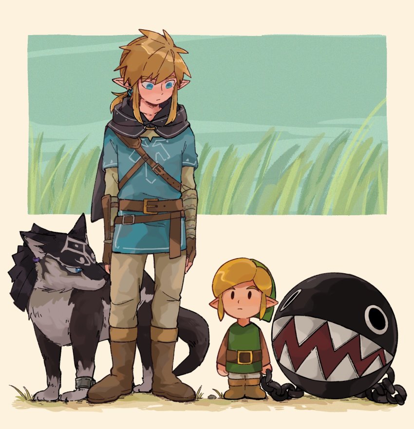 2boys, animal, belt, blonde_hair, blue_eyes, boots, brown_footwear, brown_gloves, chain_chomp, cloak, earrings, expressionless, fangs, fingerless_gloves, gloves, grass, highres, hood, hood_down, hooded_cloak, jewelry, link, looking_at_another, low_ponytail, lulu_7825, multiple_boys, multiple_persona, nintendo, pointy_ears, ponytail, standing, strap, the_legend_of_zelda, the_legend_of_zelda:_breath_of_the_wild, the_legend_of_zelda:_link's_awakening, the_legend_of_zelda:_twilight_princess, wolf, wolf_link