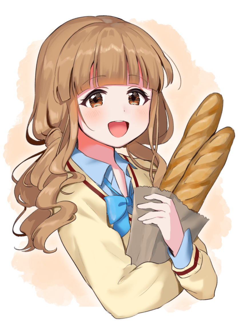 1girl, :d, bag, baguette, battle_girl_high_school, blue_bow, blue_shirt, blunt_bangs, bow, bowtie, bread, brown_eyes, brown_hair, cardigan, female_focus, food, highres, kiyosato_0928, long_hair, looking_at_viewer, nanashima_aoi, open_mouth, paper_bag, shirt, smile, solo, sweater, upper_body, yellow_sweater