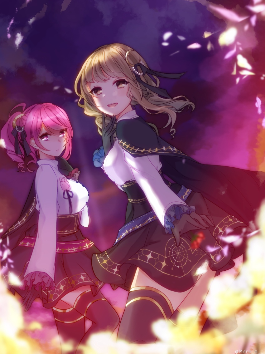 2girls, :d, ameya_erika, bad_id, bad_pixiv_id, battle_girl_high_school, black_bow, black_gloves