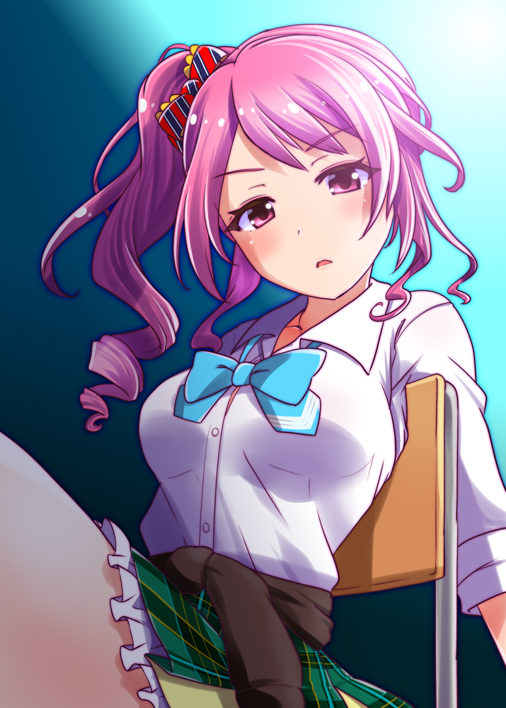 1girl, ameya_erika, battle_girl_high_school, blue_background, blue_bow, bow, bowtie, clothes_around_waist, female_focus, green_skirt, hair_bow, kanoe_(gallery_walhalla), long_hair, looking_at_viewer, multicolored_bow, parted_lips, pink_eyes, pink_hair, plaid_clothes, plaid_skirt, school_uniform, shirt, shirt_around_waist, side_ponytail, sitting, skirt, solo, striped_bow, tented_shirt, upper_body, white_shirt