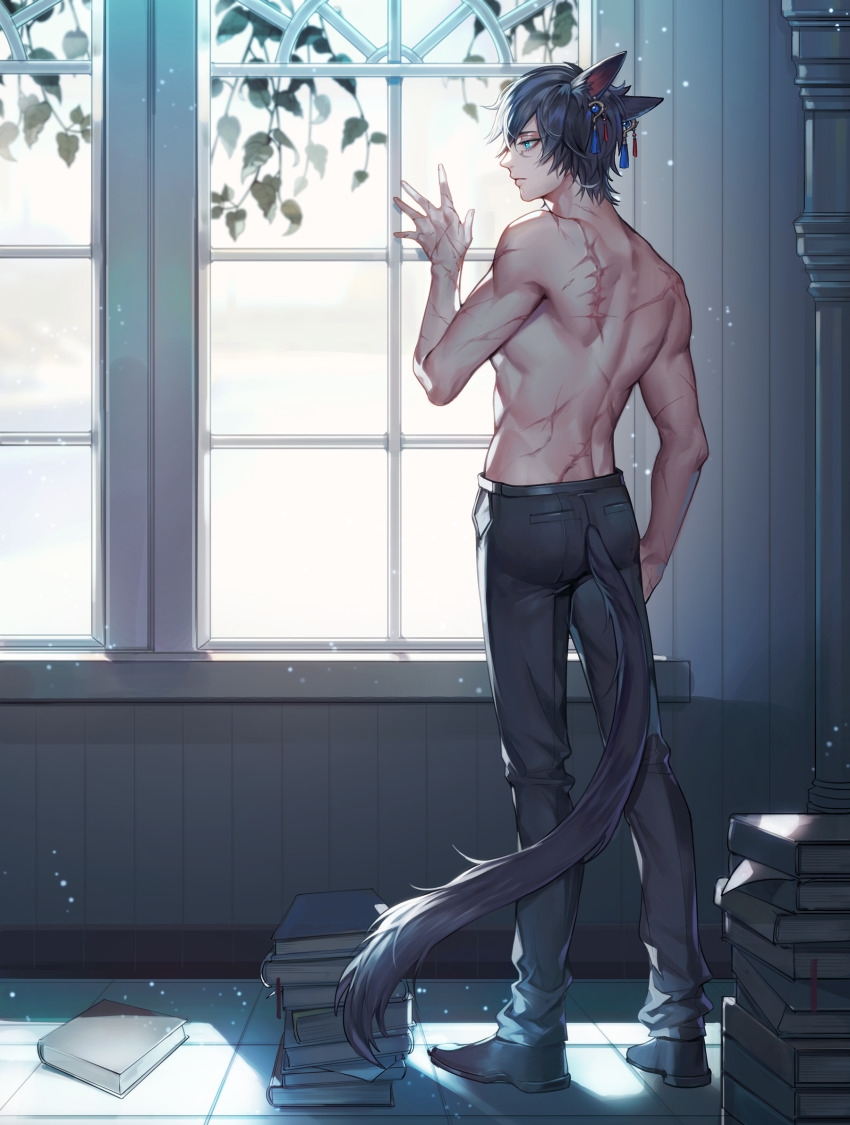 1boy, against_glass, animal_ears, aqua_eyes, arm_at_side, back, bare_arms, bare_shoulders
