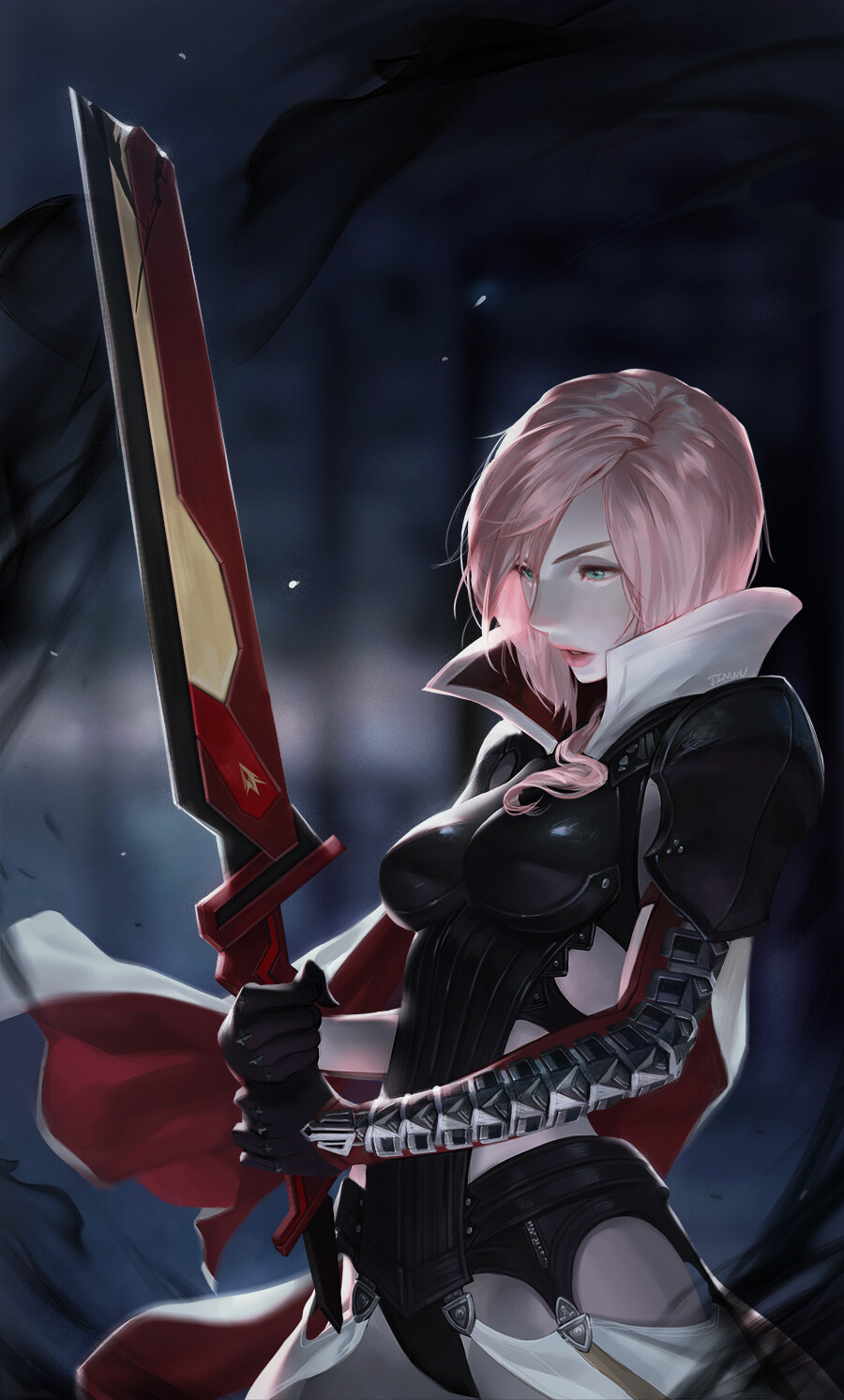 1girl, armor, armored_leotard, black_gloves, blue_eyes, boobplate, breastplate, broken