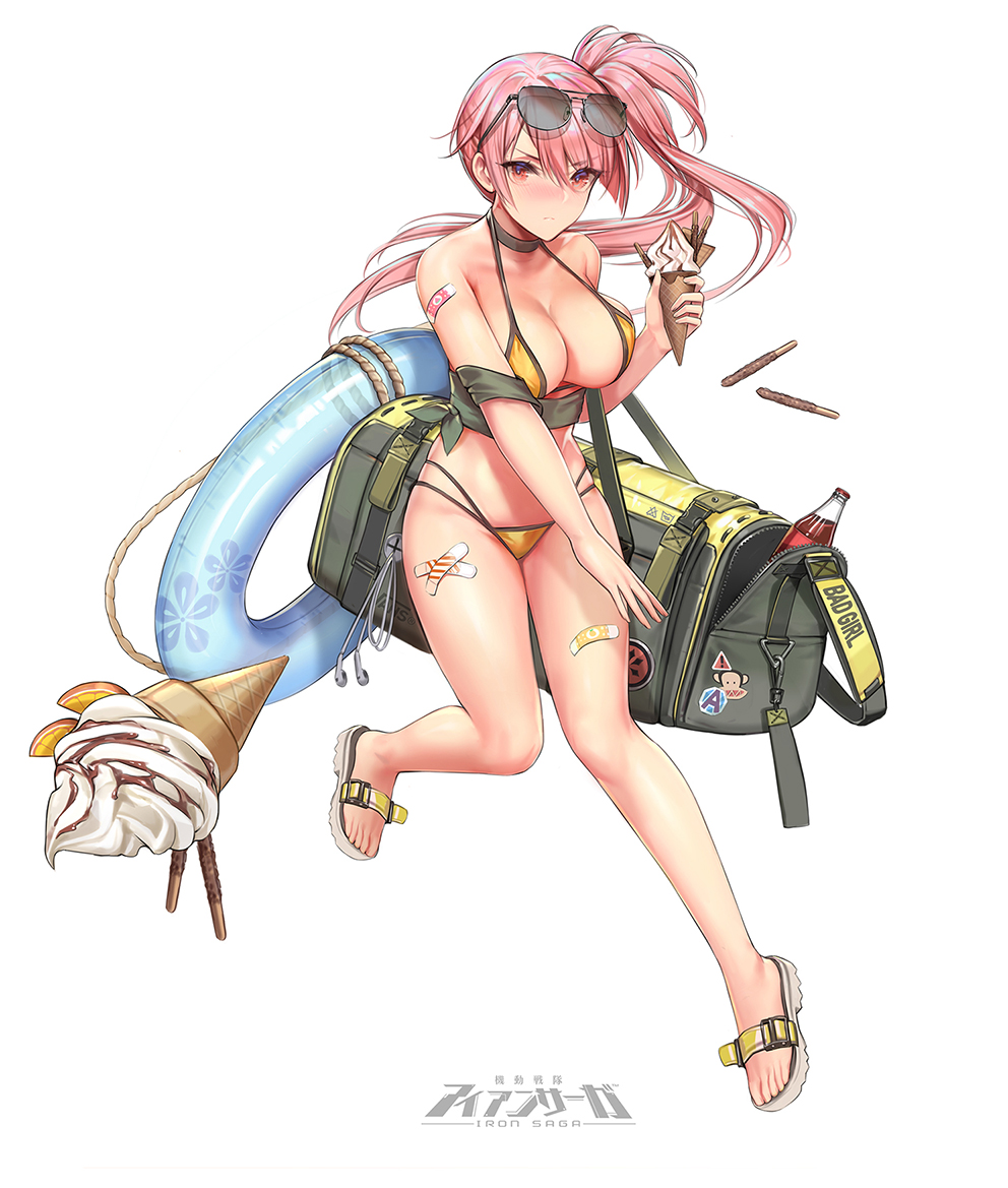 1girl, bag, bandaid, bikini, blush, breasts, cerise_(iron_saga), character_name, choker, cleavage, closed_mouth, collarbone, d._(ddot2018), eyewear_on_head, facial_mark, female_focus, floating_hair, food, full_body, hair_ornament, holding, holding_food, ice_cream, ice_cream_cone, iron_saga, logo, looking_at_viewer, medium_breasts, official_art, orange_eyes, parted_lips, pink_hair, sandals, side_ponytail, smile, solo, sunglasses, swimsuit, yellow_bikini