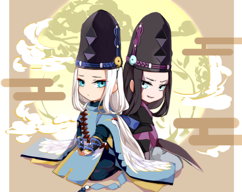 2boys, abe_no_seimei_(onmyoji), black_hair, blue_eyes, chibi, closed_mouth, hat, highres, kuro_mujou_(onmyoji), long_hair, looking_at_another, male_focus, multiple_boys, onmyoji, open_mouth, tiyi_(tiyi_a09), white_hair