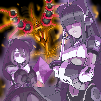 2girls, breasts, capcom, hair_over_eyes, hat, iris_(mega_man), layer_(mega_man), long_hair, lowres, mega_man_(series), mega_man_x4, mega_man_x_(series), mega_man_zero_(series), mole, multiple_girls, napo, oekaki, phoenix_magmanion_(mega_man), phoenix_magnion, underboob