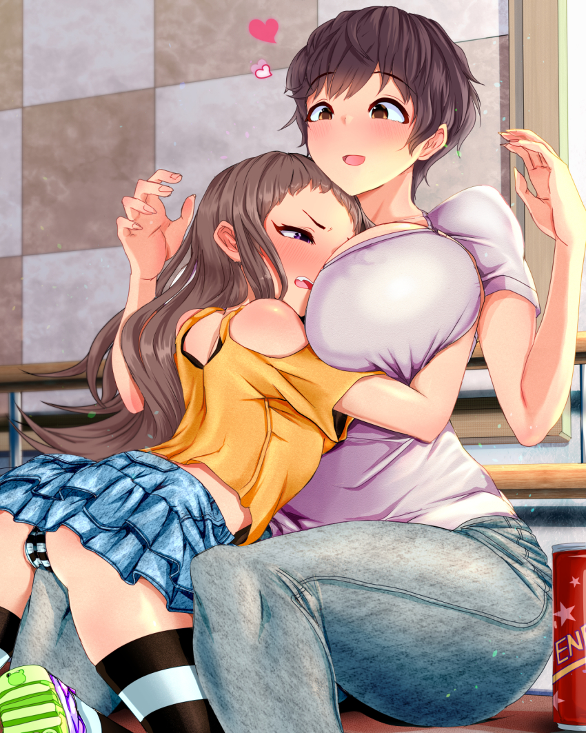 2girls, age_difference, ass, assertive_female, bare_shoulders, between_breasts, blush, breast_envy, breast_smother, breasts, brown_eyes, brown_hair, denim, denim_skirt, face_to_breasts, fang, head_between_breasts, heart, highres, hug, idolmaster, idolmaster_cinderella_girls, jeans, koseki_reina, large_breasts, lavender_shirt, loli, long_hair, monobe_yuri, multiple_girls, oikawa_shizuku, onee-loli, open_mouth, orange_shirt, panties, pants, purple_eyes, shirt, short_hair, short_sleeves, sitting, skirt, small_breasts, smile, striped_clothes, striped_legwear, striped_panties, striped_thighhighs, thighhighs, thighs, underwear, yuri
