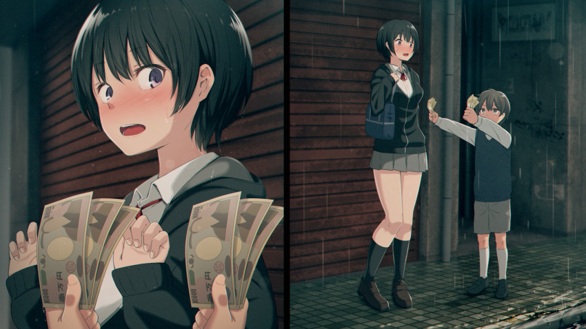 1boy, 1girl, age_difference, bag, black_footwear, black_hair, black_jacket, black_legwear, blush, bob_cut, brown_footwear, brown_hair, child, close-up, collared_shirt, commentary_request, dress_shirt, embarrassed, full_body, garage, grey_shorts, hair_between_eyes, hands_up, highres, holding, holding_money, jacket, kemuri_haku, loafers, long_sleeves, looking_at_another, looking_at_viewer, looking_up, money, neck_ribbon, onee-shota, open_mouth, original, outdoors, outstretched_arms, overhead_door, prostitution, purple_eyes, rain, red_ribbon, ribbon, school_uniform, shirt, shoes, short_hair, shorts, shoulder_bag, sidewalk, sleeves_past_wrists, socks, sweater_vest, white_legwear, white_shirt