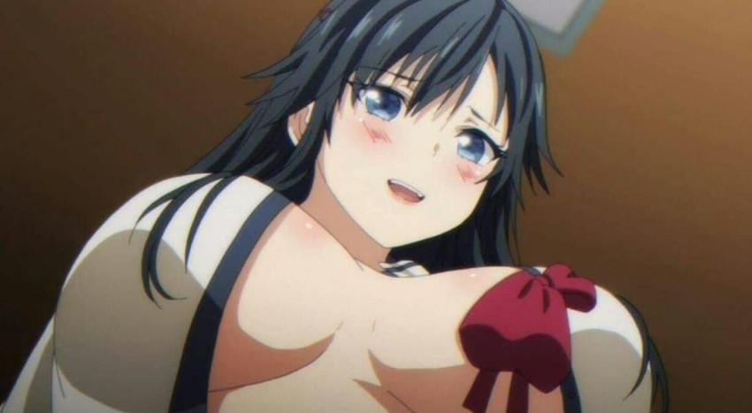 1girl, black_hair, blue_eyes, blush, bow, breasts, female_focus, hair_down