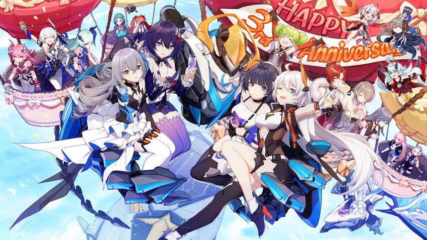 6+girls, :d, ;d, ^_^, ahoge, ai-chan_(honkai_impact), aircraft, airship
