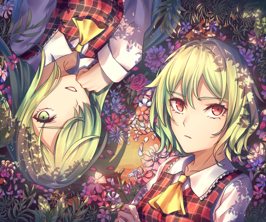 2girls, ascot, collared_shirt, crossed_arms, dappled_sunlight, day, expressionless, flower, frilled_shirt_collar, frills, grass, green_hair, grin, hair_over_one_eye, hand_up, highres, kazami_yuuka, kazami_yuuka_(pc-98), long_hair, long_sleeves, looking_at_viewer, lying, multiple_girls, on_back, on_ground, parted_bangs, petals, plaid_clothes, plaid_vest, red_vest, shadow, shirt, short_hair, smile, sunlight, touhou, touhou_(pc-98), upper_body, vest, wavy_hair, white_shirt, yangsan_(2991076090), yellow_ascot