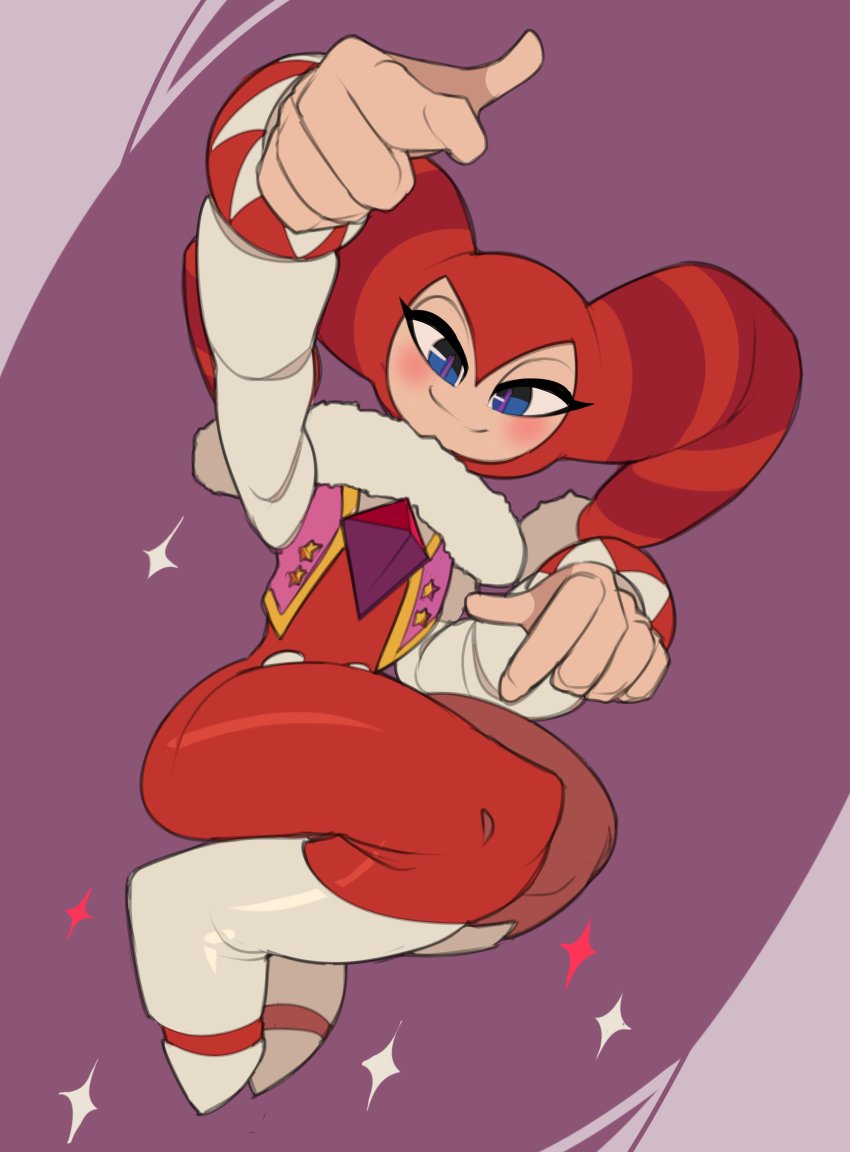 1other, absurdres, alternate_color, alternate_costume, androgynous, blue_eyes, captain_kirb, christmas, christmas_nights_into_dreams, colored_skin, eyelashes, gender_request, hat, highres, jester, jester_cap, looking_at_viewer, nights_(character), nights_into_dreams, pointing, pointing_at_viewer, sega, smile, solo, white_skin