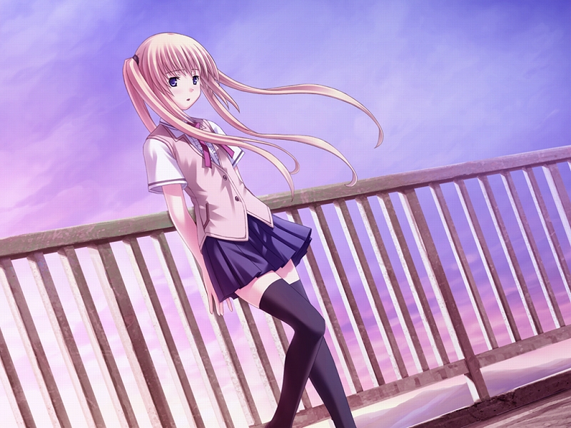 arms_behind_back, ayase_natsuki, blonde_hair, cloud, long_hair, necktie, nekonyan, rooftop