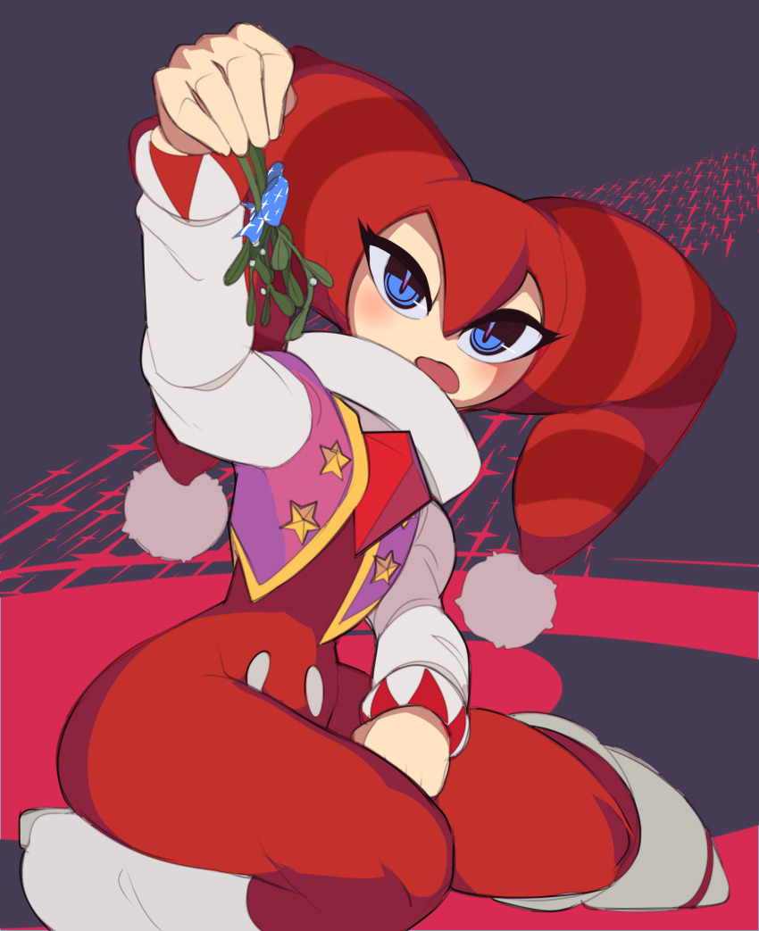 1other, absurdres, alternate_color, alternate_costume, androgynous, blue_eyes, captain_kirb, christmas, christmas_nights_into_dreams, colored_skin, eyelashes, gender_request, hat, highres, jester, jester_cap, kneeling, looking_at_viewer, nights_(character), nights_into_dreams, open_mouth, sega, solo, white_skin