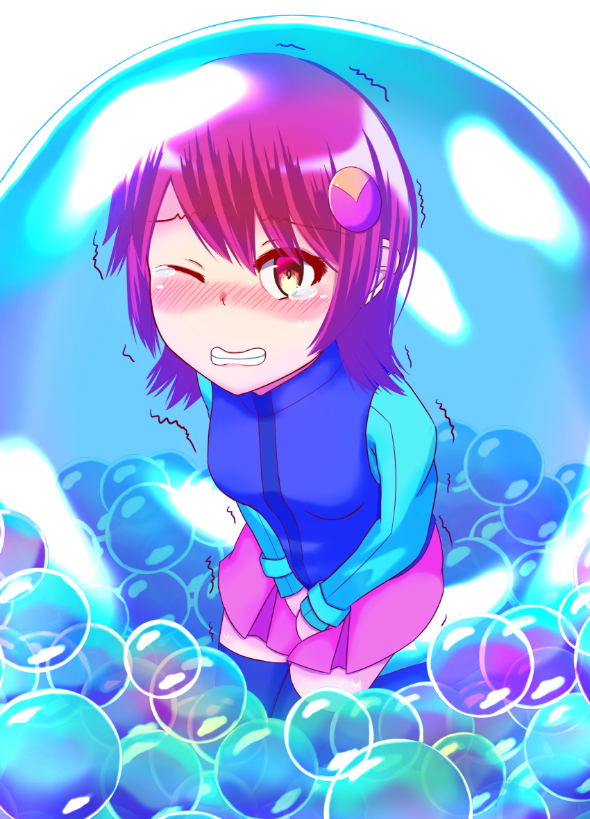 1girl, absurdres, between_legs, black_thighhighs, black_vest, blue_shirt, blush, breasts, bubble, clenched_teeth, embarrassed, female_focus, hair_ornament, hairpin, hand_between_legs, have_to_pee, highres, kishiroki, kneeling, long_sleeves, looking_at_viewer, mayl_sakurai_(mega_man), mega_man_(series), mega_man_battle_network, miniskirt, nose_blush, one_eye_closed, orange_eyes, own_hands_together, pink_hair, pink_skirt, pleated_skirt, shirt, short_hair, skirt, small_breasts, solo, sweat, tears, teeth, thighhighs, trembling, vest, wince, zettai_ryouiki