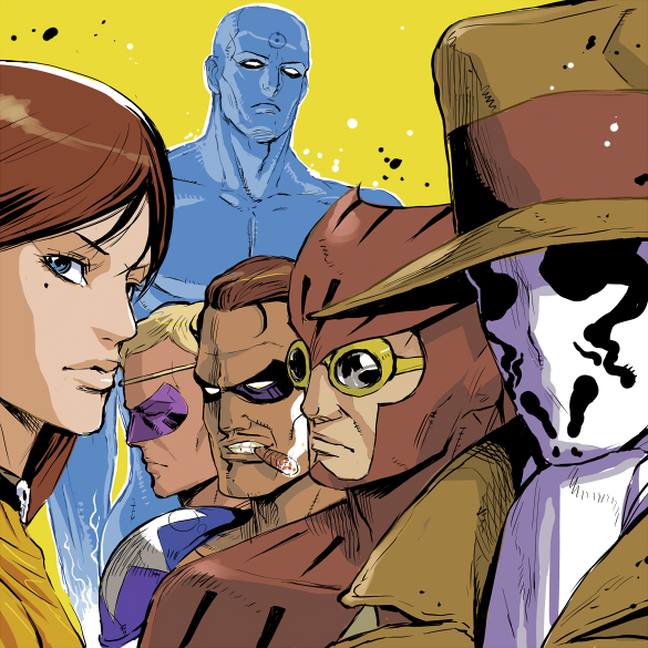 1980s_(style), 1girl, 5boys, blue_eyes, blue_skin, brown_eyes, brown_hair, cigar, colored_skin, dc_comics, domino_mask, dr._manhattan, eye_mask, fedora, fedora_hat, goggles, hat, inkblot, lips, mahito_(tranjistor), mask, mole, mole_under_eye, multiple_boys, nite_owl, oldschool, ozymandias, retro_artstyle, rorschach, silk_spectre, the_comedian, watchmen