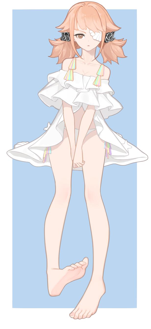 1girl, artist_request, bad_id, bad_pixiv_id, bare_arms, bare_legs, bare_shoulders, barefoot, brown_eyes, brown_hair, feet, forever_7th_capital, highres, medium_hair, soles, yumi_(forever_7th_capital)