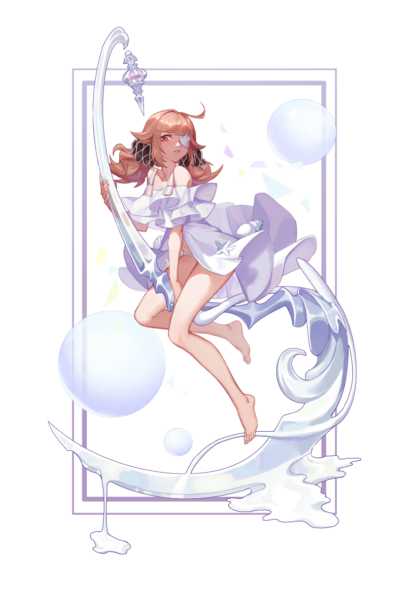 absurdres, bare_arms, bare_legs, bare_shoulders, barefoot, brown_eyes, brown_hair, character_request