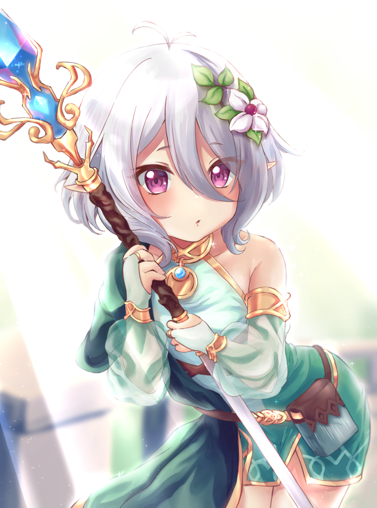 1girl, antenna_hair, bare_shoulders, blurry, blurry_background, blush, bridal_gauntlets, collarbone