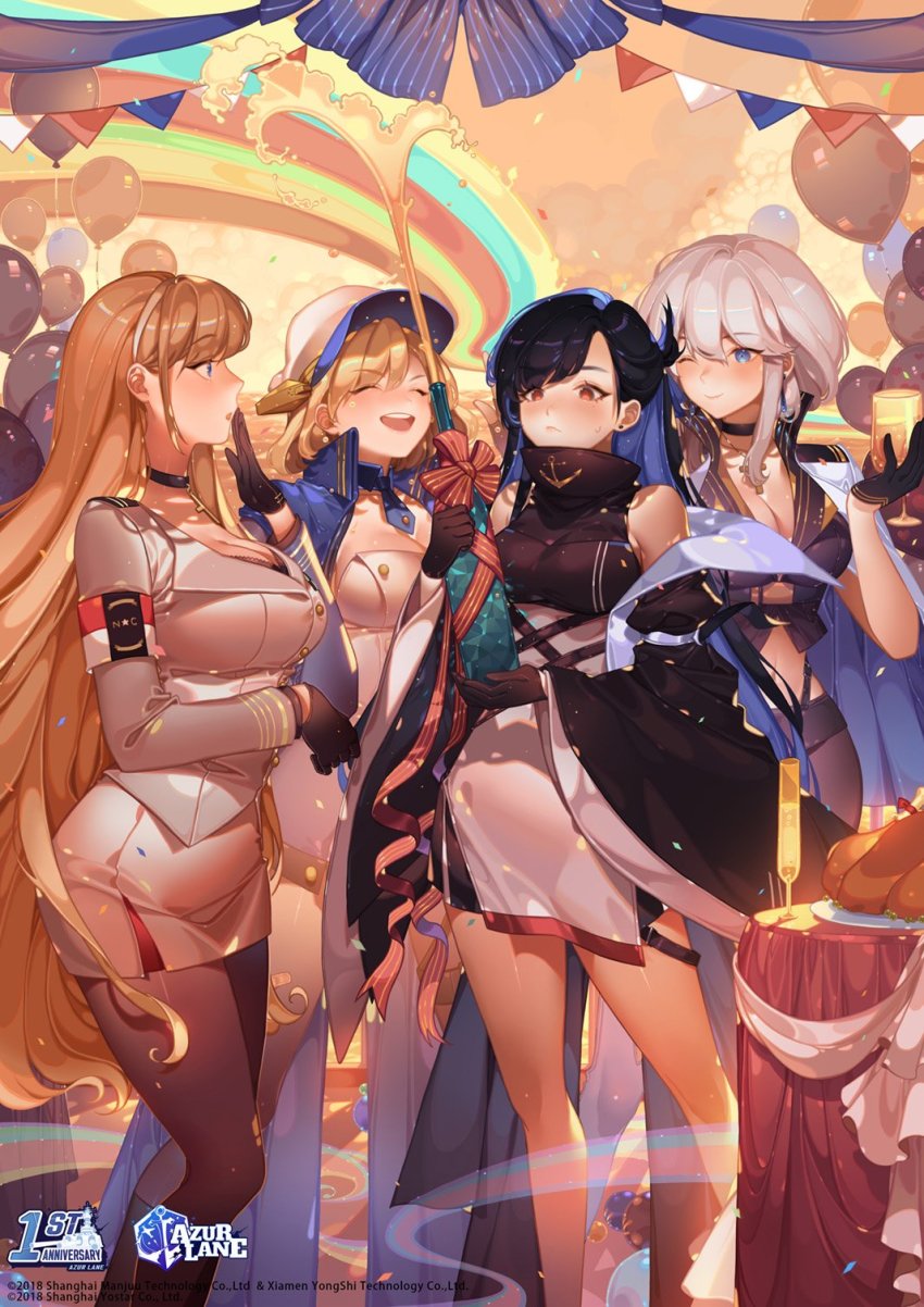 4girls, :d, :o, ;), alcohol, anchor_symbol, arm_across_waist, armband