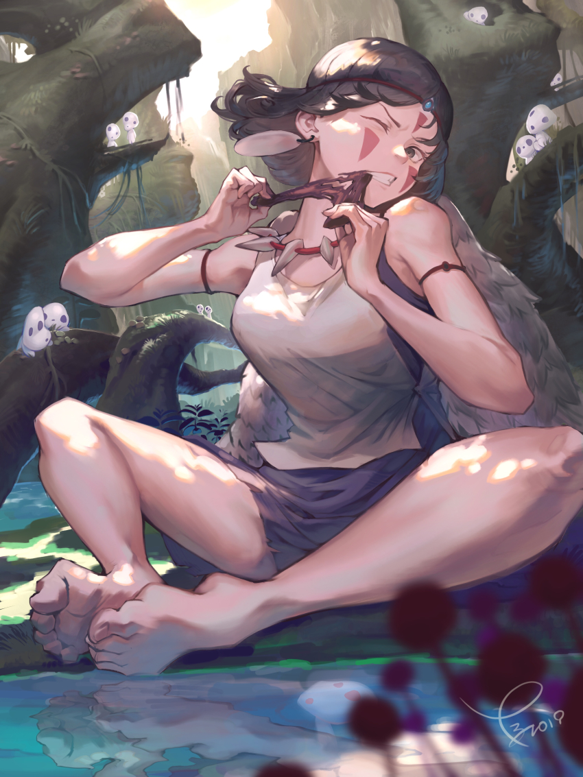 1girl, absurdres, brown_eyes, brown_hair, circlet, eating, facepaint, female_focus, forest, highres, legs, midorimura_naoki, mononoke_hime, nature, neclord_(suikoden), one_eye_closed, reflection, san_(mononoke_hime), short_hair, skirt, solo, tearing_up, teeth, thighs, water