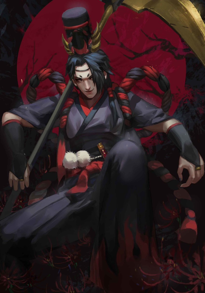 1boy, absurdres, black_gloves, black_hair, black_hat, bridal_gauntlets, commentary_request, flower