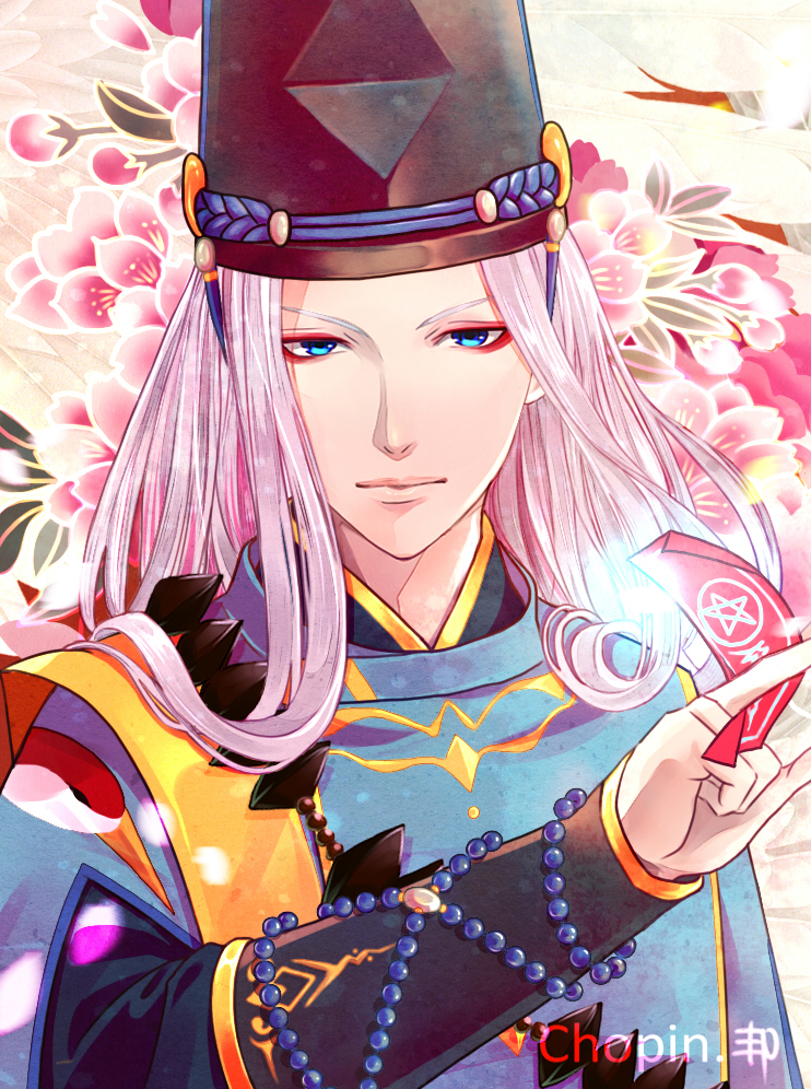 1boy, abe_no_seimei_(onmyoji), artist_name, beads, blue_eyes, chinese_clothes, chopin510, closed_mouth, collar, eyeshadow, floral_background, flower, hat, holding, jewelry, long_hair, long_sleeves, looking_at_viewer, makeup, male_focus, onmyoji, pink_flower, solo, tate_eboshi, upper_body, white_hair
