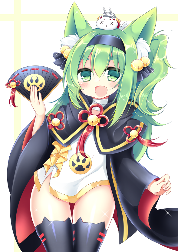 1girl, :d, animal_ear_fluff, animal_ear_legwear, animal_ears, azur_lane, bell, black_headband