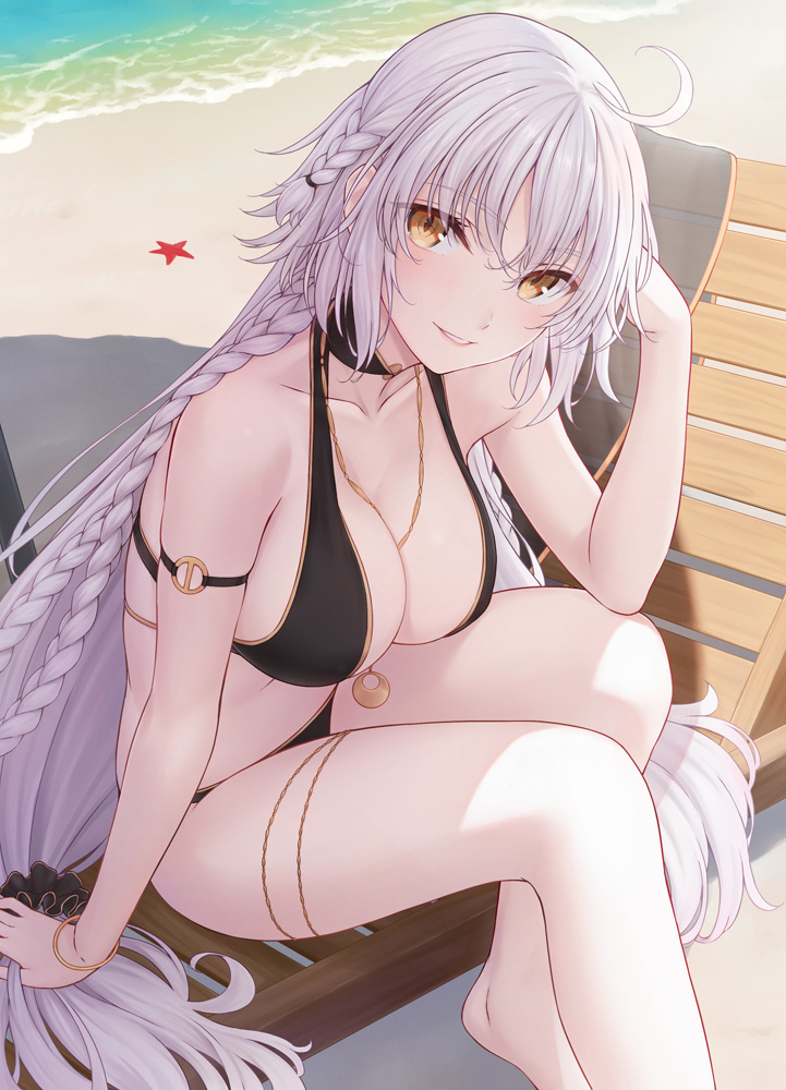 1girl, ahoge, bare_shoulders, beach, beach_chair, bikini, black_bikini, blush