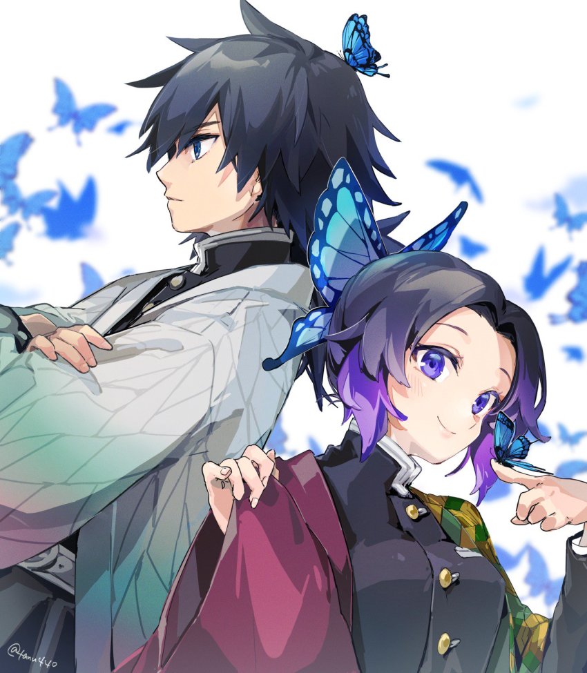 1boy, 1girl, animal, back-to-back, bad_id, bad_twitter_id, belt, black_hair, black_jacket, blue_butterfly, blue_eyes, blush, breasts, bug, butterfly, butterfly_hair_ornament, butterfly_on_hand, butterfly_on_head, buttons, closed_mouth, commentary_request, cosplay, costume_switch, gradient_hair, hair_between_eyes, hair_ornament, haori, highres, insect, jacket, japanese_clothes, kimetsu_no_yaiba, kochou_shinobu, kochou_shinobu_(cosplay), leele_(maruet), looking_at_viewer, looking_away, medium_breasts, medium_hair, multicolored_hair, open_clothes, ponytail, purple_eyes, purple_hair, short_hair, smile, tomioka_giyuu, tomioka_giyuu_(cosplay), twitter_username, white_belt, white_jacket