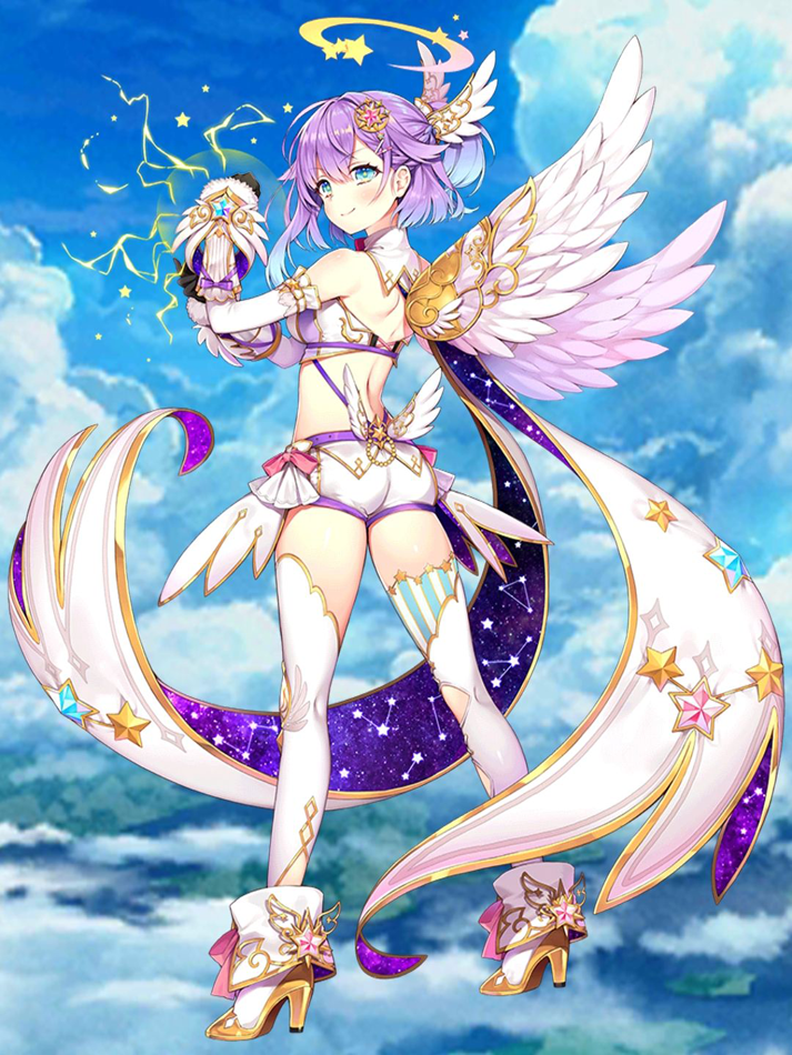1girl, angel, angel_wings, ass, bare_shoulders, black_gloves, blue_eyes, breasts, byulzzi, cloud, constellation_print, crop_top, day, detached_collar, detached_sleeves, feathered_wings, female_focus, from_behind, full_body, gauntlets, gloves, gradient_hair, hair_ornament, half_updo, halo, high_heels, lightning, looking_at_viewer, looking_back, luca_(shironeko_project), medium_breasts, midriff, multicolored_hair, purple_hair, revealing_clothes, shironeko_project, short_hair, short_shorts, shorts, sky, smile, solo, star_(symbol), thighhighs, white_footwear, white_shorts, white_thighhighs, wings
