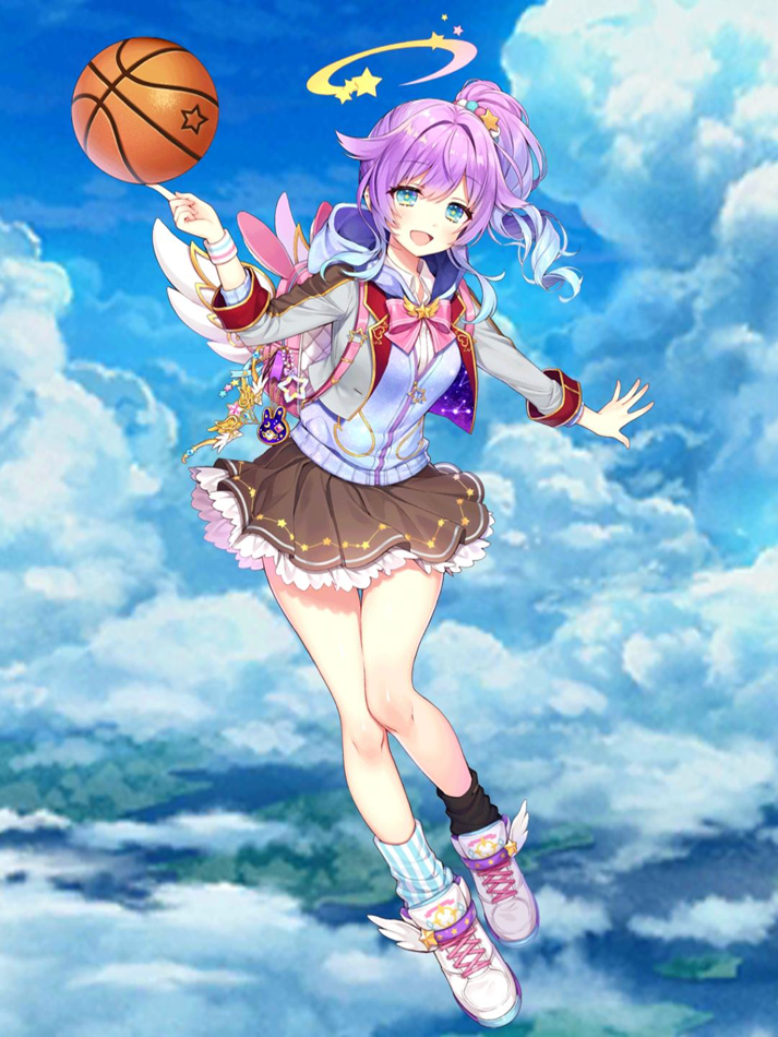1girl, :d, asymmetrical_legwear, ball, bare_legs, basketball, basketball_(object), black_legwear