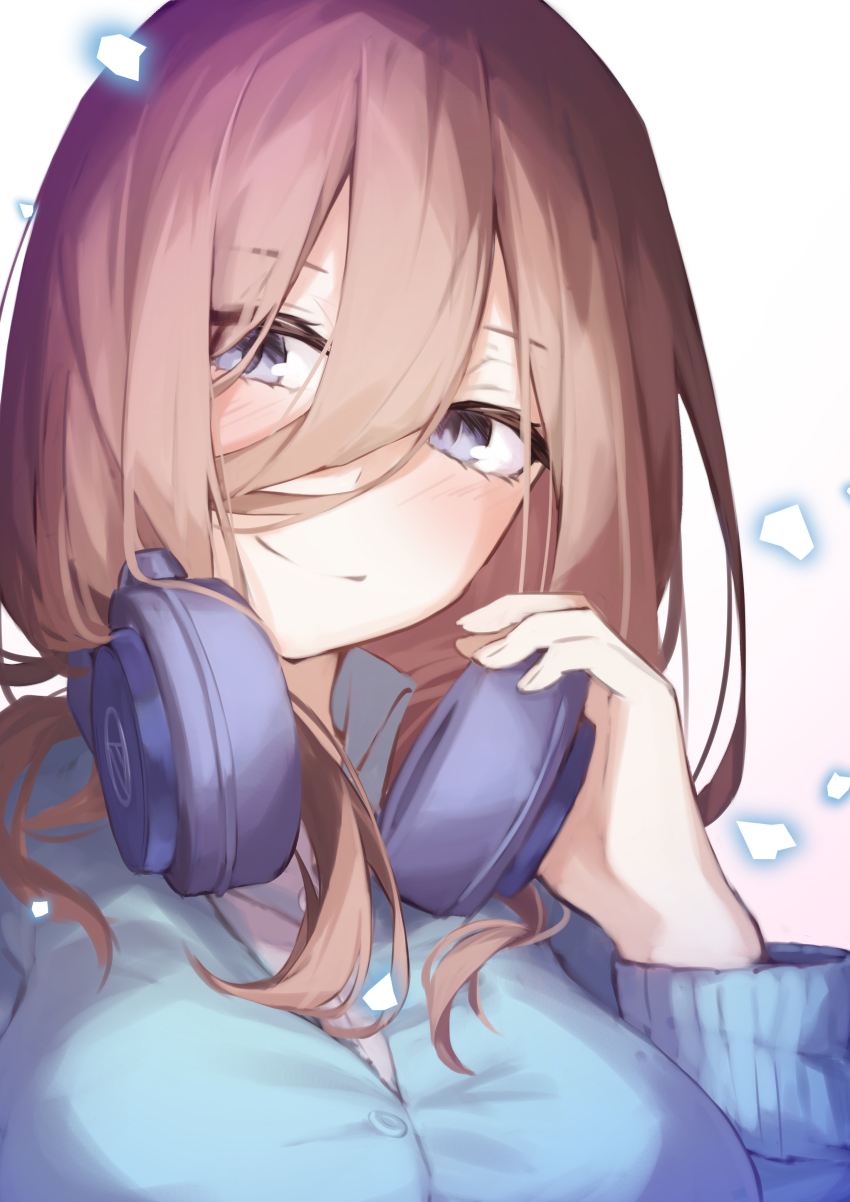 1girl, absurdres, blue_cardigan, blue_eyes, blush, breasts, brown_hair, cardigan