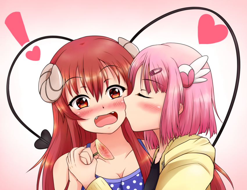 2girls, blush, brown_eyes, brown_hair, chiyoda_momo, demon_girl, demon_horns, demon_tail