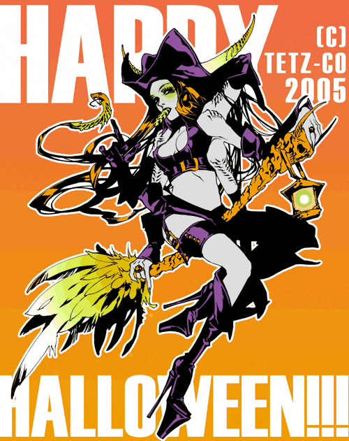 boots, breasts, broom, cleavage, halloween, high_heels, horns, jewelry
