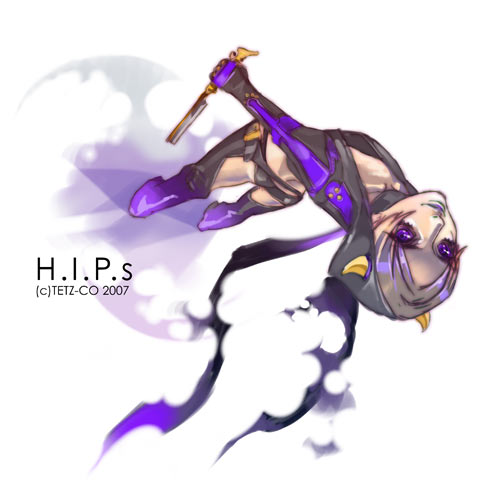 1girl, ass, hood, horns, knife, lowres, short_hair, smile