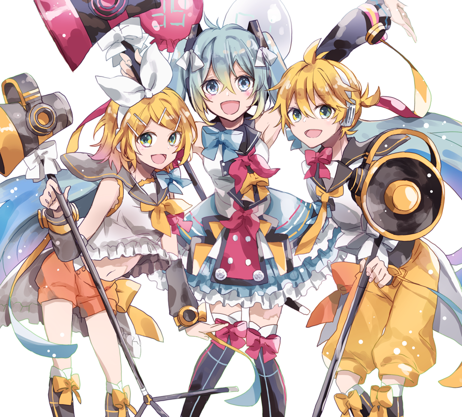 1boy, 2girls, 39, aqua_eyes, aqua_hair, arm_up, balloon, bare_shoulders